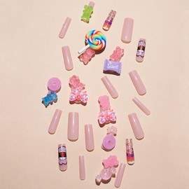 24Pcs Nails Press ons,Square Press on Nails Long Fake Nails Pink Acrylic False Nails with Cute Little Bear Candy Charms Designs Reusable Kawaii Artificial Nails Y2K Cartoon Stick on Nails For Women Girls