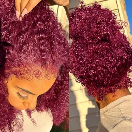 Thusiae 250% Density Deep Wave Lace Front Wigs Human Hair 360 Full Lace Deep Curly Wave Glueless Wigs Pre Plucked with Baby Hair 360 99J Burgundy Wet and Wavy Human Hair Wig(26inch)