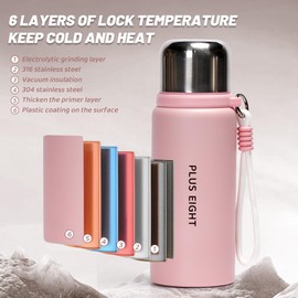 pluseight Insulated Water Bottle with Straw, 600ml Leak Proof 18/8 Stainless Steel Vacuum Tumbler for Sports, Gym or Office, BPA-Free Keep Cold 24H Hot 12H (Pink)