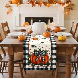 Artscope Pumpkin Bow Buffalo Plaid Fall Table Runner,Thanksgiving Holiday Kitchen Dining Table Decoration for Fall Home Decor 13x36 Inch