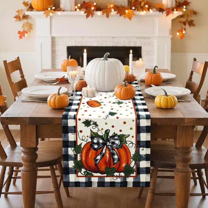 Artscope Pumpkin Bow Buffalo Plaid Fall Table Runner,Thanksgiving Holiday Kitchen