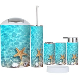 XNGJEMVWXO Bathroom Accessory Set 6 Piece Starfish Seashell Summer Beach sea Water Summer Toothbrush Holder, Toothbrush Cup, Soap Dispenser, Soap Dish, Toilet Brush Holder, Trash can