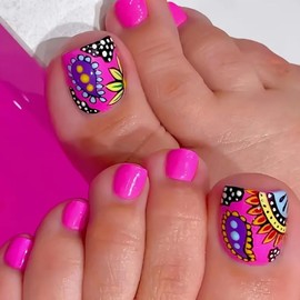 24PCS Hot Pink Press on Toenails Short Square Fake Toenails Summer Toe Press on Nails with Colorful Flower Design Fake Toe Nails Cute Artificial Beach Flower Full Cover Toenail for Women and Girls