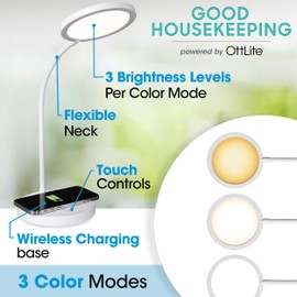 OttLite Good Housekeeping Circular LED Desk Lamp with Wireless Charging - Designed to Reduce Eyestrain - Adjustable Neck Desk Lamp for College Dorm Room, Crafting, Reading, 3 Color Modes