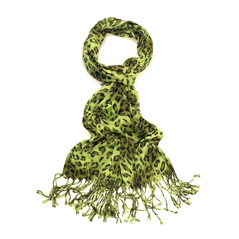 TrendsBlue Elegant Leopard Animal Print Scarf with Fringe, Olive Green