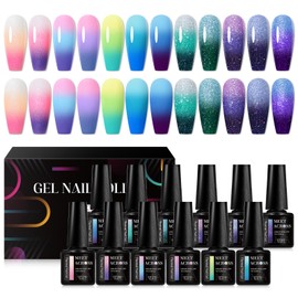 MEET ACROSS Glitter Thermal Gel Nail Polish Gel Temperature Color Changing Gel Polish Soak Off UV Gel Nail Polish Nail Art Varnish For Home Salon Manicure DIY 12 PCS/BOX