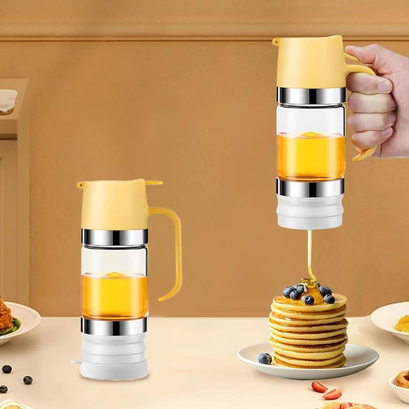 DDMMQS ガラス製ハニーディスペンサー、ハンドル付き9オンスのハニージャー、プレスタイプのシロップディスペンサー、家庭用密封ジャー、シロップボトル、ジャムボトル(ブラック)