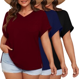 Ficerd 3 Pack Women's Plus Size T-Shirts, V Neck Short Sleeve Oversize Tunics Tops Sides Split Summer Loose Tees with Pockets(Black, Dark Blue, Wine Red,4X-Large)