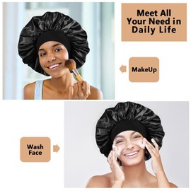 Double Layer Silk Sleep Shower Cap for Women, Satin Reversible Satin Night Sleep Cap Hair Shower Cap for Women Curly Hair Braids (Black+Red, One size)