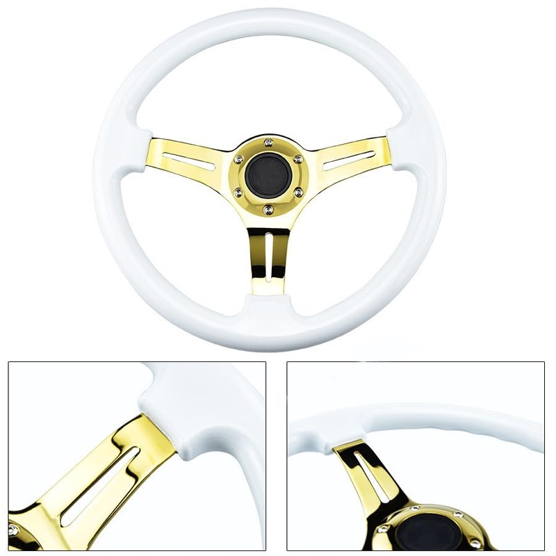 Universal 14" White Wood Steering Wheel Gold Spoke 6 Bolts