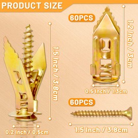 120 Pcs Metal Drywall Anchors, Wall Plate Screws, Dry Wall Anchor Set, Heavy Duty Drywall Anchors, Sheet Rock Screws and Anchors, Screw and Anchor Set for Hanging TV Shelf Straps Cabinet (Gold)