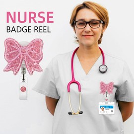Sparkling Bow Badge Reel, with Retractable Cord and Swivel Alligator Clip, for Nurses Teachers Doctors Medical Assistants (Rose Gold)