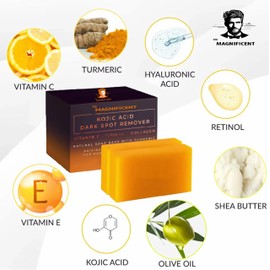 The Magnificent TM The Magnificent Kojic Acid Brightening Soap Bars – Japanese Complex with Turmeric, Hyaluronic Acid, Vitamin C, Retinol, Shea Butter & Vitamin E(2Pack+Holder) (2Pack+H)