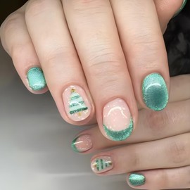 24 Pcs Glitter Christmas Press on Nails Short Square - MINGCHUN Glossy Fake Nails Green French False Nails with Christmas Tree Design Acrylic Nails Full Cover Glue on Nails Christmas Nails Press on