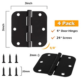 Zydiwo 4 Pack 3 Inch Door Hinges for Doors 3 Inch Rounded 5/8” Radius Corners Black Hinges Interior and Exterior Hinges for Bedroom Kitchen Door (4 Pack, 3 inch)