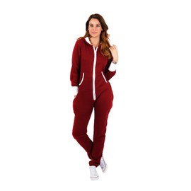 Parsa Fashions ® Womens Plain Zipper Onesie Ladies Onepiece All in One Hooded Zip Up Overall Jumpsuit Playsuit S-XL 8-16 (XXL, Wine)
