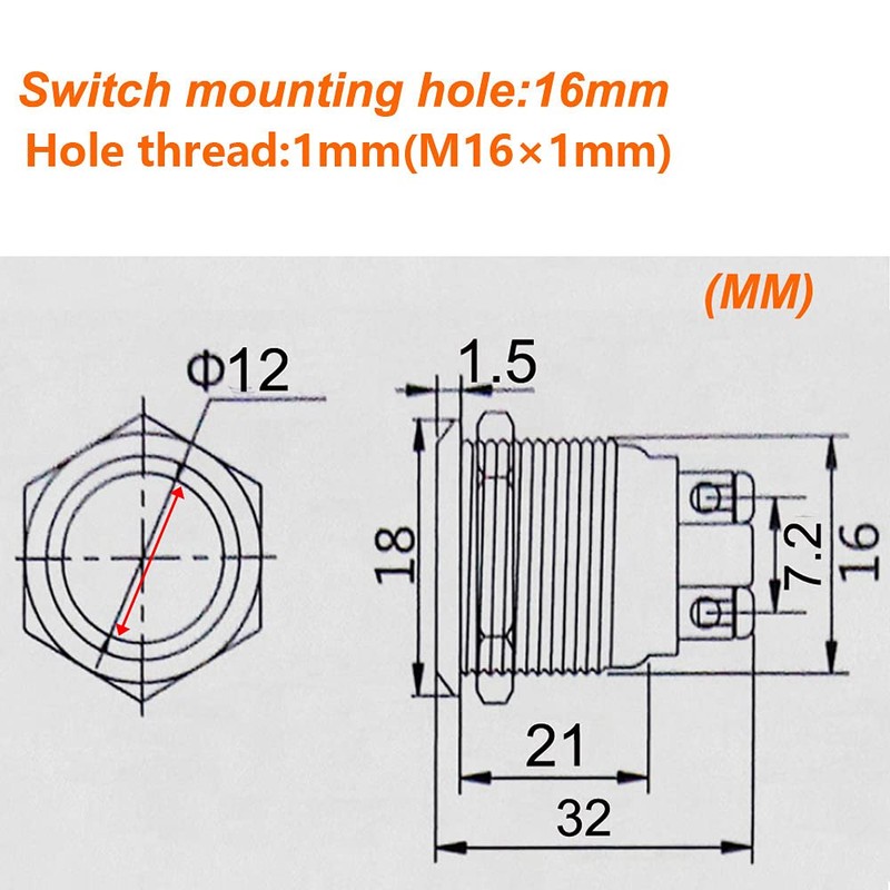 Gebildet 2pcs 16mm Latching Push Button Switch,12V/24V/125V/250V/5A Self-lock Button Switch