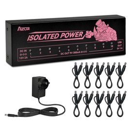 AZOR Guitar Pedal Power Supply 10 Isolated DC Output for 9V (300mA) Effect Pedal Board for Charging Musical Instruments Overcurrent Protection, with 5V/1A USB Port