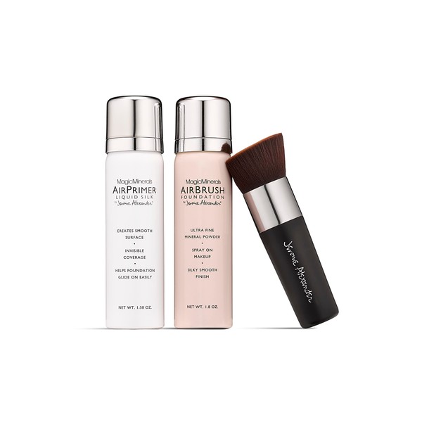 MagicMinerals AirBrush Foundation Set by Jerome Alexander (WARM MEDIUM) – 3pc Set Includes Primer, Foundation and Kabuki Brush - Spray Makeup with Anti-aging Ingredients for Smooth Radiant Skin