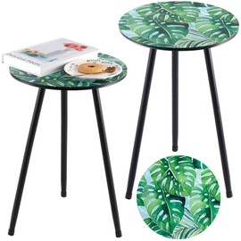 2 Packs Metal Leaf Round Side Tables 13.4" Small Outdoor Patio Round Accent Coffee Tables Indoor Corner Stand for Small Spaces Weather-Resistant for Balcony, Porch Plant Stands Indoor