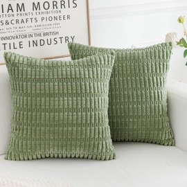 HERAYLI Corduroy Decorative Throw Pillow Covers, Boho Stripe Soft Square Cushion Case Home Decor for Living Room Couch Bed Sofa, Set of 2 Pack, Sage Green, 18x18 Inch