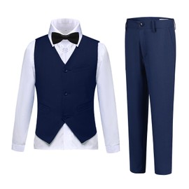 Trajes para niños, ajuste delgado, 4 piezas, traje formal de esmoquin para niños, conjunto de boda, vestido de niño pequeño con chaleco, camisa, pantalones y corbata, Azul marino-pajarita, 6
