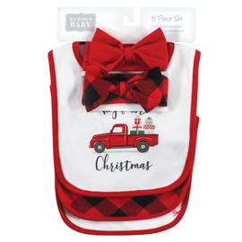 Hudson Baby Unisex Baby Cotton Bib and Headband or Caps Set, Red Truck Bows, One Size