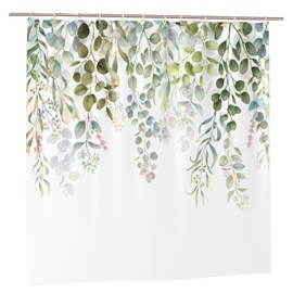 Newhomestyle Summer Green Leaves Shower Curtain, Pink Flowers Waterproof Polyester Bath Bathroom Curtain, Spring Washable Quick Dry Bathtub Curtain Decorate with 12 Hooks, 180x180cm/ 71X71 in