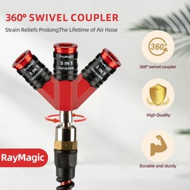 RayMagic Air Compressor Hose 1/4 Inch x 100 Feet Flexible Reinforced Polyurethane(PU) Air Hose 300PSI With 5IN1 Universal 1/4" Swivel Coupler&Plug, Strain Reliefs, 1PCS Hook For Nailer(Red)