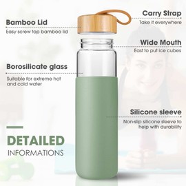 Yomious 25 Oz Borosilicate Glass Water Bottles with Silicone Sleeve BPA Free, Dishwasher Safe - Reusable Clear Glass Drinking with Leak Proof Bamboo Lid | Perfect Gym Water Bottles for Men & Women