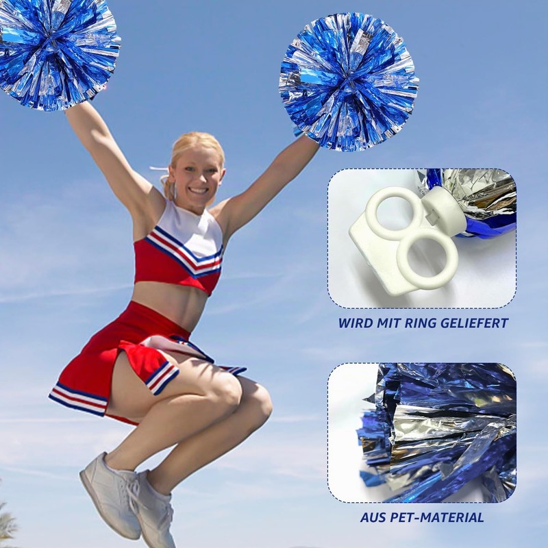NYGGTYK Pack of 2 Cheerleader Pompoms, Shiny Blue Metal Pompoms,