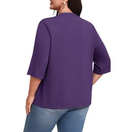POSESHE Womens Plus Size Cardigan Sweater Short Sleeves Lightweight Knit Open Front Casual Loose Fit Cardigan,Purple,3XL
