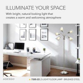 Adesso Floor Lamp with 5 Movable Shades & Adjustable Brightness – Perfect Lighting for Bedroom Decor, Beauty & Art Studio, Silver