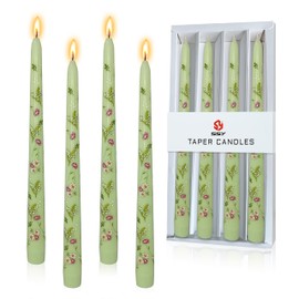 Scandinavian Tall Candle 10 in Green Printed Taper Candles Hand Printing Candlesticks Unscented Smokeless Tapered Candle Sticks for Home Decor Rustic Wedding Simple Modern, 4 Pack
