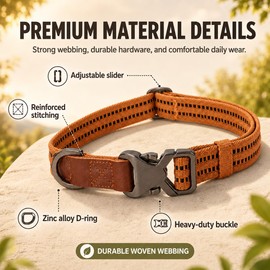 Kovirova Dog Collar for Medium Large Dogs, Adjustable 14-20 Inch Pet Collar, Wear-Resistant Heavy Duty Polyester Strap with Zinc Alloy Buckle,Airtag Holder, Brown，M