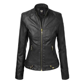 Lock and Love LL WJC747 Womens Dressy Vegan Leather Biker Jacket L BLACK