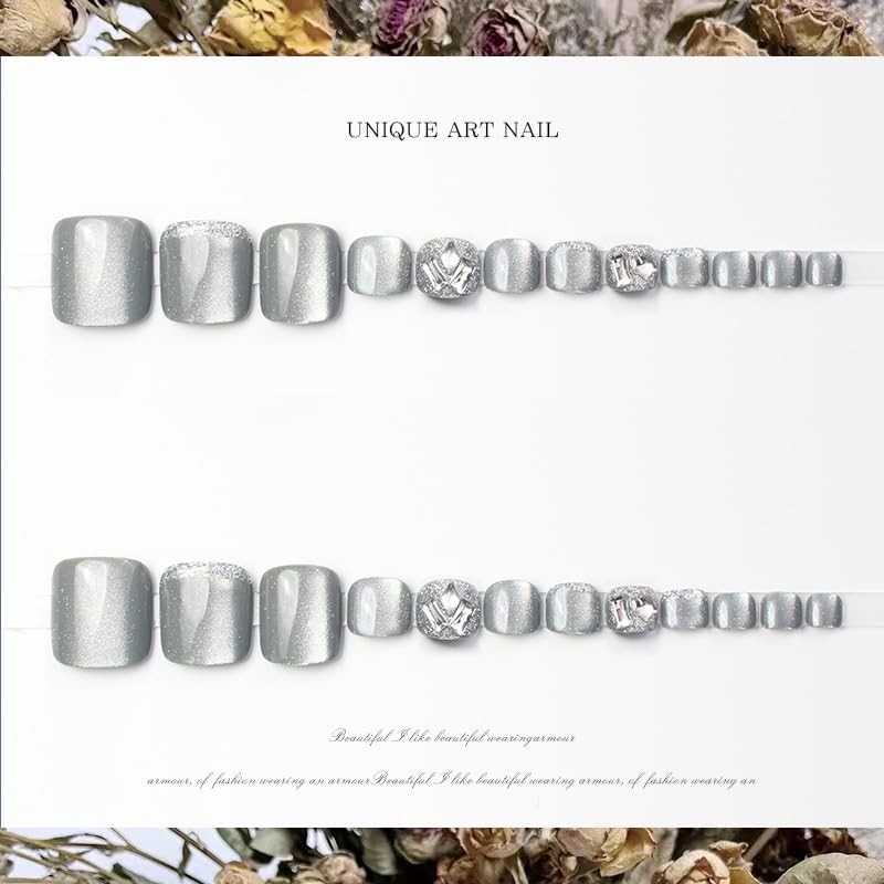 [ALLEVG]ネイルチップ 足用 24枚入 3D フットネイルチップ フットネイル 足用 ミストグレー マグネットネイルチップ 夏