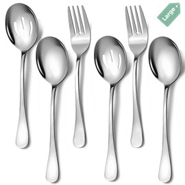 Large Stainless Steel Serving Utensils Set 6 Pcs with 10" Serving Spoon, 10" Slotted Spoons, 10" Serving Forks. Serving Utensil for Parties/Kitchen/Buffet, Dishwasher Safe