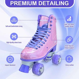 Roller Skate for Women, High-Top PU Leather Quad Skates for Beginner, Pink Shiny Double-Row Rollerskates for Girls Ages 8-54 Outdoor and Indoor