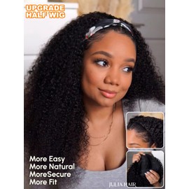Julia Hair Afro Kinky Curly Half Wigs Human Hair 4C Blend Edges Hairline with Drawstring 3 In 1 Flip Over Clip in Glueless Beginner Friendly Headband Curly 3/4 Half Wig for Women 24 Inch