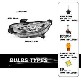 SOCKIR - For 2016-2021 Honda Civic [Halogen Type w/LED DRL] OEM Projector Headlight Headlamp Assembly Replacement Pair (Chrome Housing with Clear Reflector)