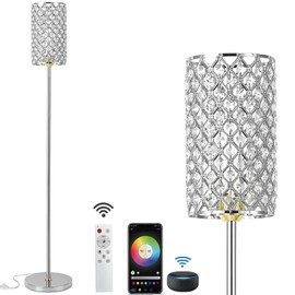 EMORLO Crystal Floor Lamp with Remote Control, Smart Modern Silver Floor Lamps for Bedroom, Living Room, Crystal Standing Lamp Silver Home Décor, LED Bulb Included