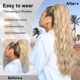 ALXNAN Claw Clip Ponytail,26 Inch Light Blonde with White Blonde Highlights Ponytail Extension for Women Synthetic Long Curly Wavy Clip in Ponytail Hair Extensions Hairpiece for Daily Party Use