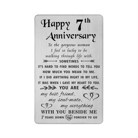 TANWIH 7 Year Anniversary Card Gifts for Her Women, Copper 7th Anniversary Card for Her Wife, Engraved Metal Wallet Insert