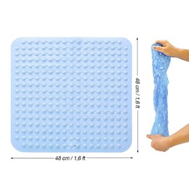 Shower Mat, 48 x 48 cm, Non-Slip Shower Mat, Massage Shower Mat, Non-Slip Mat with Suction Cup, Machine Washable, Sauna, Shower Room, Square (Light Blue)