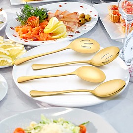 LIANYU 2 Large Gold Serving Spoons, 2 Gold Slotted Serving Spoons, 2 Gold Serving Forks, 9.8 Inch Stainless Steel Buffet Catering Party Banquet Serving Spoons Forks Set, Dishwasher Safe
