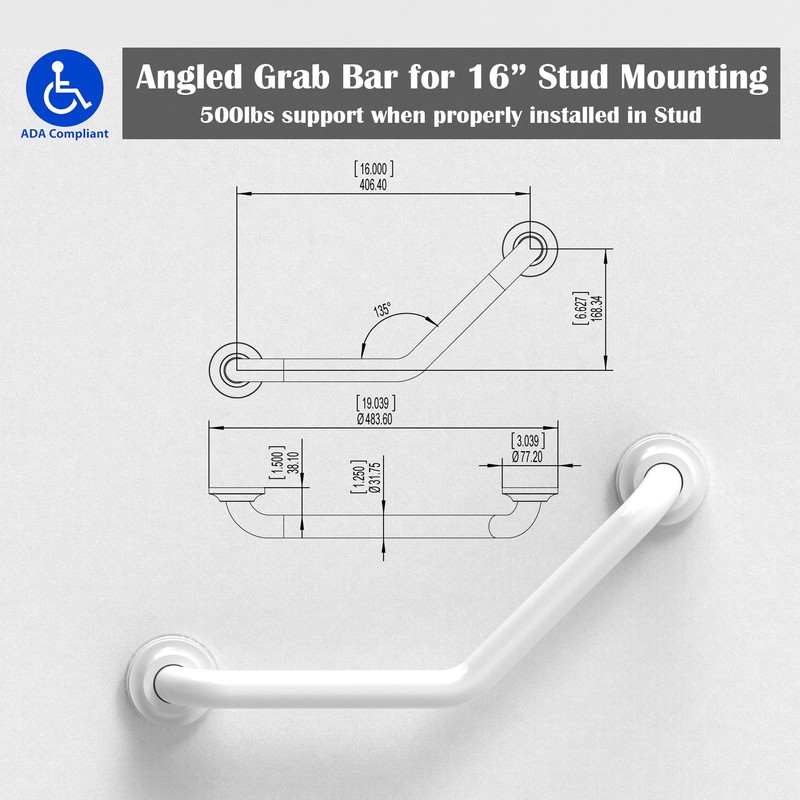 AquaChase 1-1/4 x 16inch Angled Grab Bar for Stud Mount