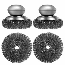 2 Pack Stainless Steel Wool Scrubber with Handle & 2 Pack Replacement Steel Scrubber Wool Pads for Cleaning Iron Pots Dishes Pans Metal Scrubbers for Kitchen Wash Sink Stoves Grills Pot Brush (Silver)