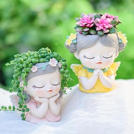 Small Angel Girl face Succulent Planter 2 Pack with Drainage Hole Indoor Cactus Plant Pot Cute Flower Vases Decor with Girl Face Planter Gifts Idea for Women