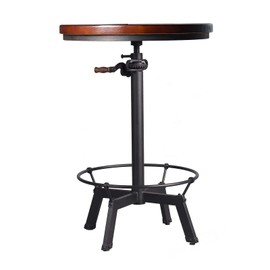 Industrial Bar Table-33.5-39.4 Inch Tall-Adjustable Bar Height Pub Table-23.7 Inch Swivel Round Wood Top Metal Base-Easily Adjusts by Crank Handle